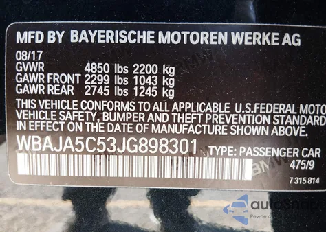 2018 BMW 530I z USA, uszkodzony, nr VIN WBAJA5C53JG898301
